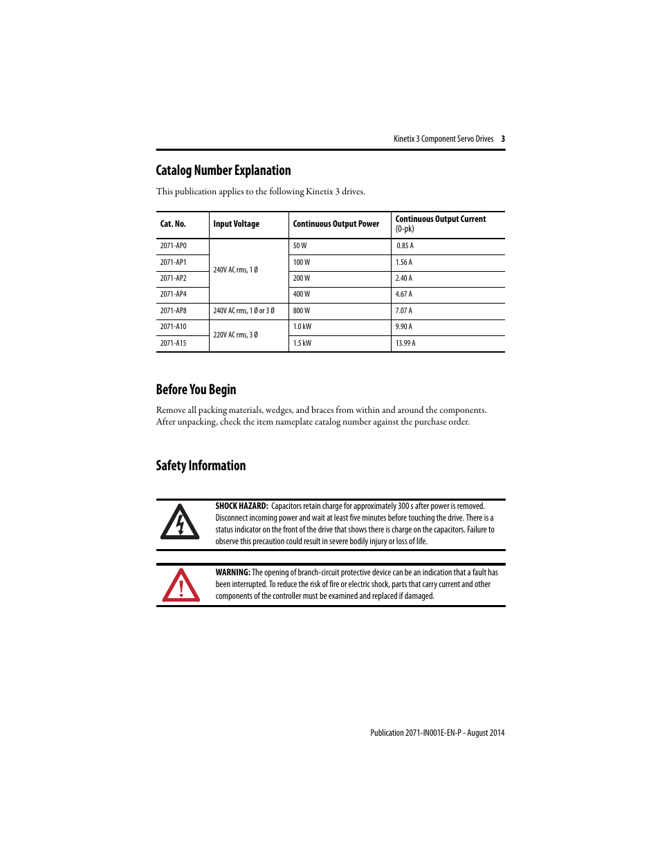 Catalog number explanation, Before you begin, Safety information | Rockwell Automation 2071-Axx Kinetix 3 Component Servo Drive User Manual | Page 3 / 20