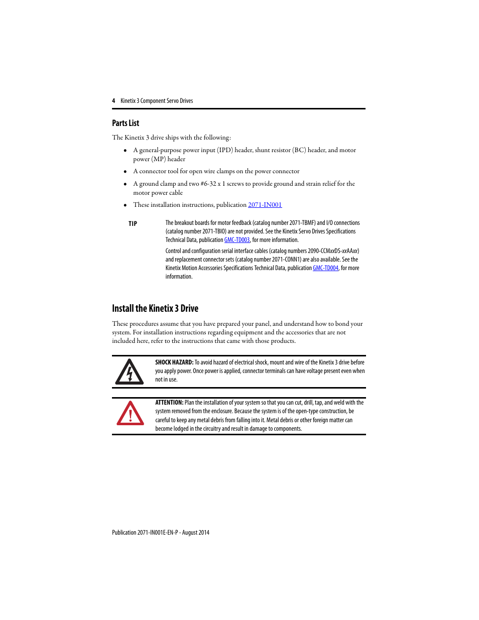 Parts list, Install the kinetix 3 drive | Rockwell Automation 2071-Axx Kinetix 3 Component Servo Drive User Manual | Page 4 / 20