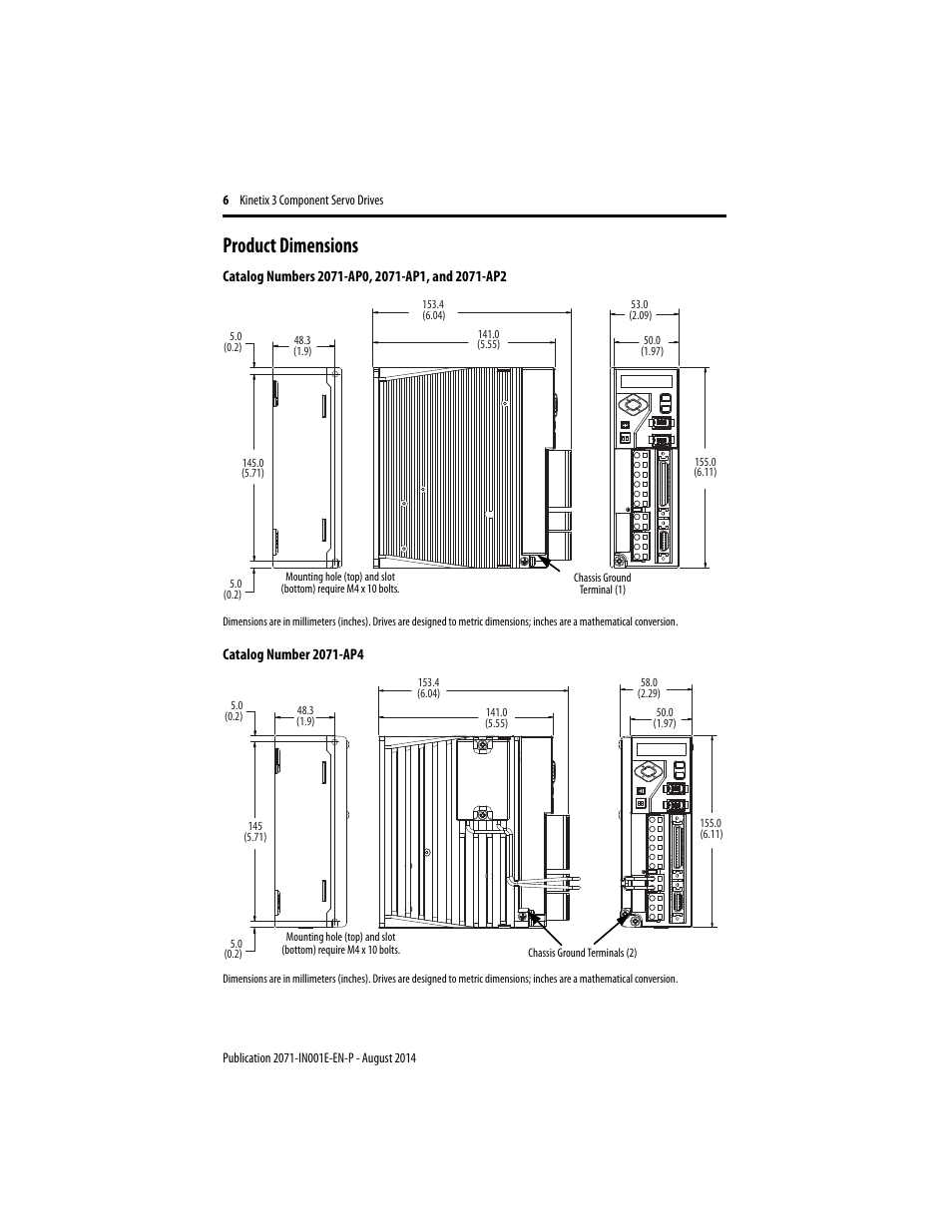 Product dimensions | Rockwell Automation 2071-Axx Kinetix 3 Component Servo Drive User Manual | Page 6 / 20