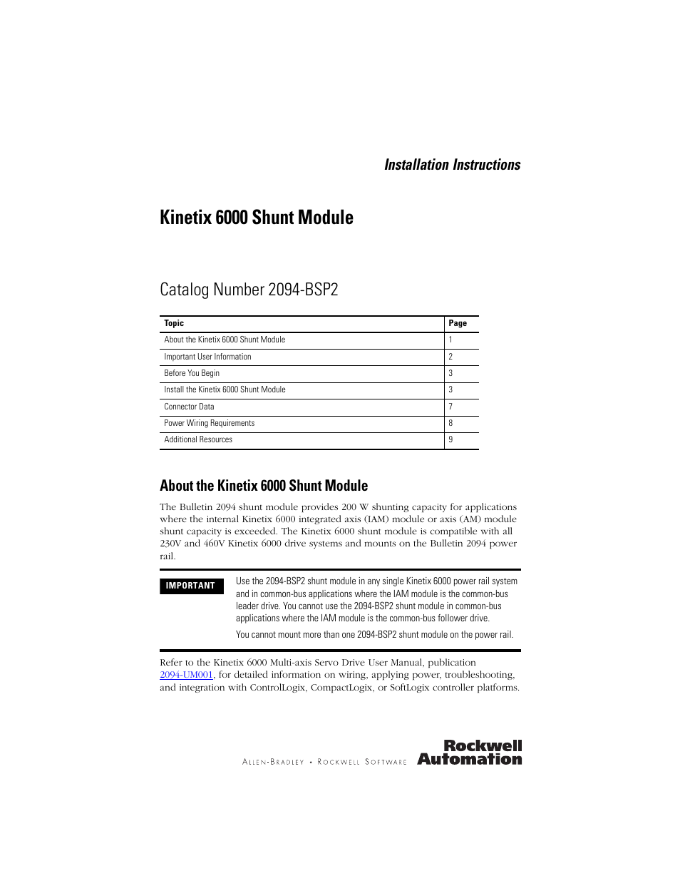 Rockwell Automation 2094-BSP2 Kinetix 6000 Shunt Module Installation Instructions User Manual | 12 pages