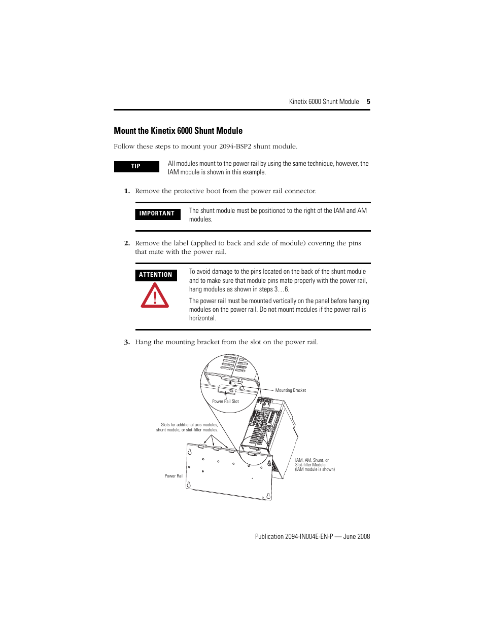 Mount the kinetix 6000 shunt module | Rockwell Automation 2094-BSP2 Kinetix 6000 Shunt Module Installation Instructions User Manual | Page 5 / 12