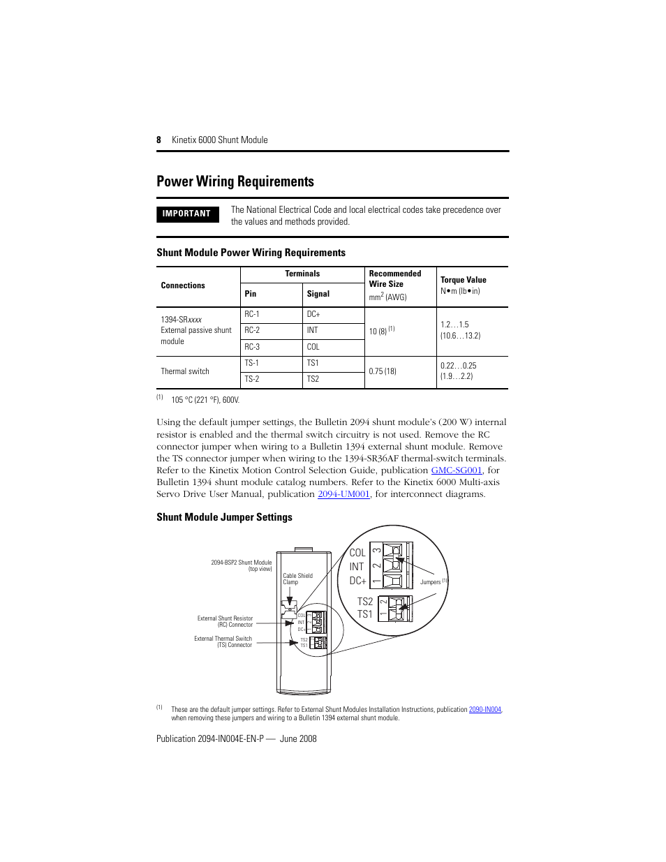 Power wiring requirements, Shunt module power wiring requirements, Shunt module jumper settings | Col int dc+ ts2 ts1 | Rockwell Automation 2094-BSP2 Kinetix 6000 Shunt Module Installation Instructions User Manual | Page 8 / 12