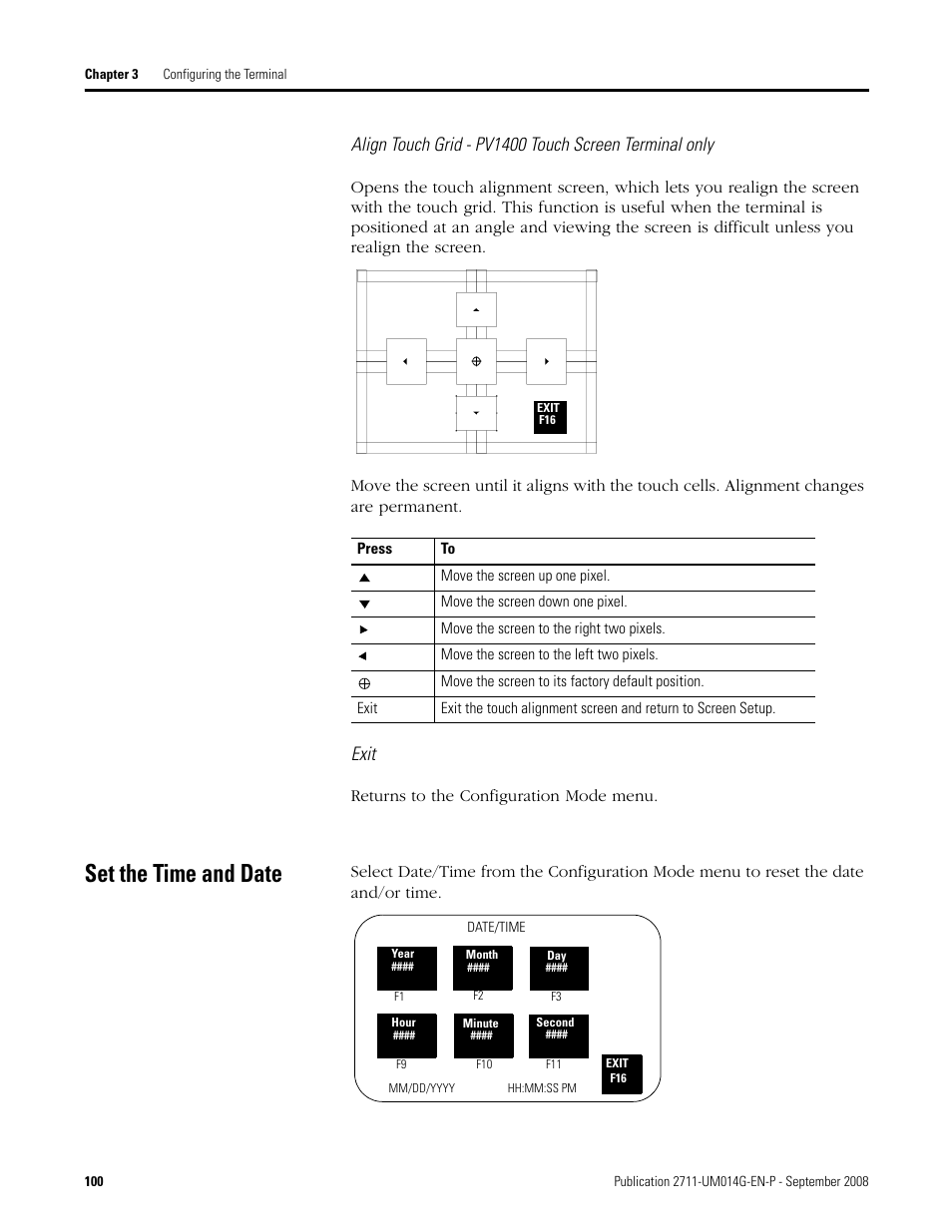 Set the time and date, Exit | Rockwell Automation 2711 Standard PanelView Operator Terminal User Manual User Manual | Page 100 / 292