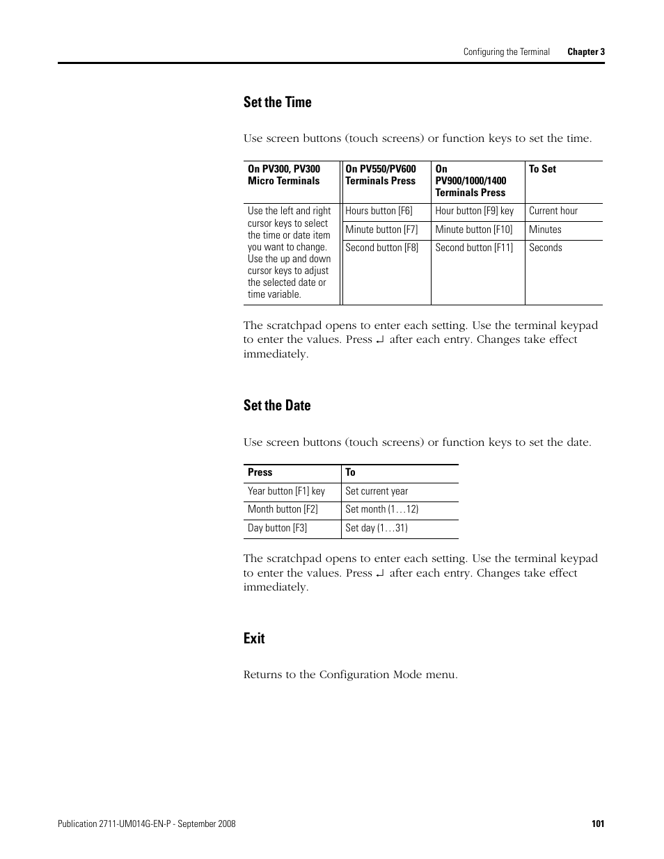 Set the time set the date exit, Set the time, Set the date | Exit | Rockwell Automation 2711 Standard PanelView Operator Terminal User Manual User Manual | Page 101 / 292