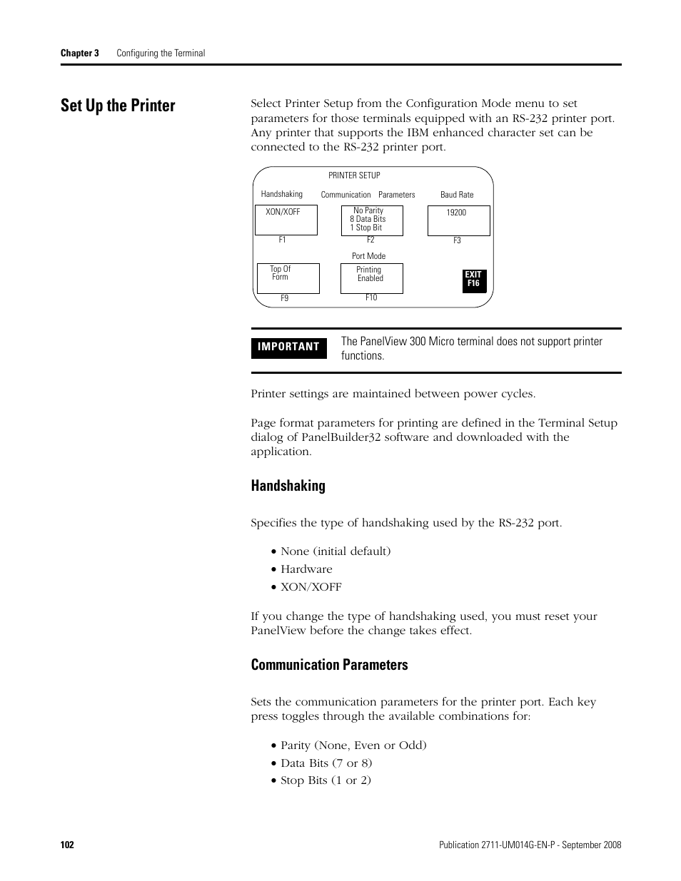 Set up the printer, Handshaking communication parameters, Handshaking | Communication parameters | Rockwell Automation 2711 Standard PanelView Operator Terminal User Manual User Manual | Page 102 / 292