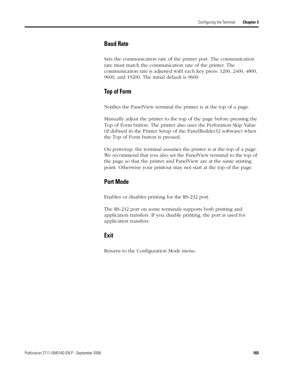 Baud rate top of form port mode exit, Baud rate, Top of form | Port mode, Exit | Rockwell Automation 2711 Standard PanelView Operator Terminal User Manual User Manual | Page 103 / 292