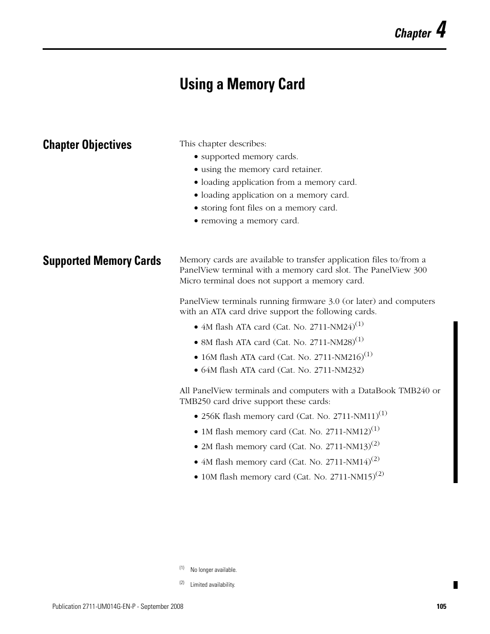 4 - using a memory card, Chapter objectives, Supported memory cards | Chapter 4, Using a memory card, Chapter objectives supported memory cards, Chapter | Rockwell Automation 2711 Standard PanelView Operator Terminal User Manual User Manual | Page 105 / 292