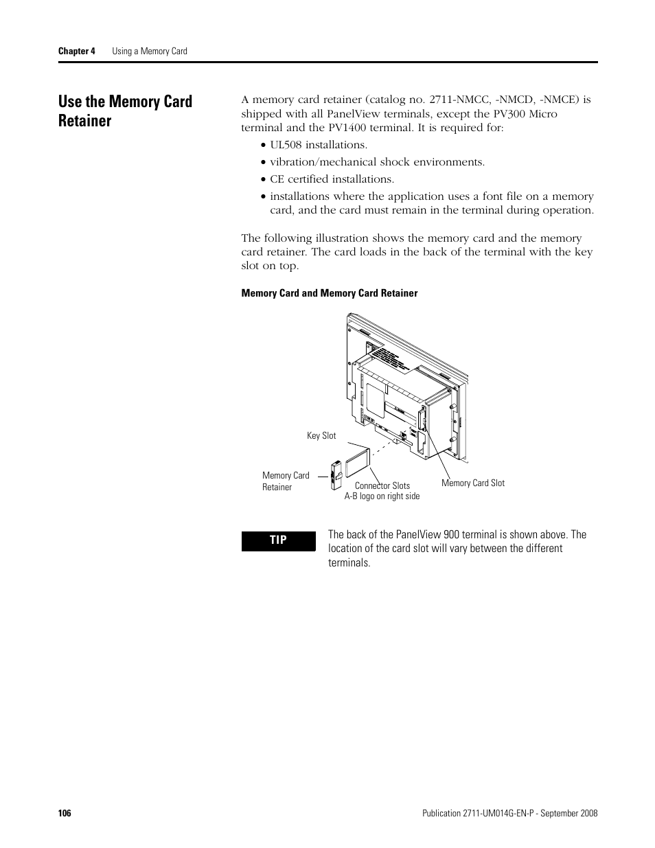 Use the memory card retainer | Rockwell Automation 2711 Standard PanelView Operator Terminal User Manual User Manual | Page 106 / 292