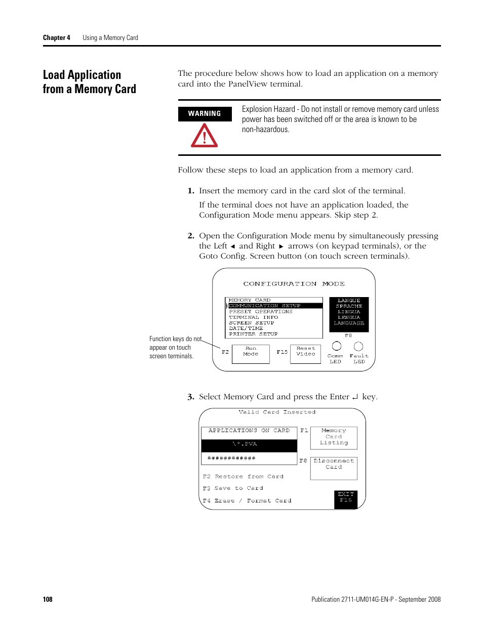 Load application from a memory card | Rockwell Automation 2711 Standard PanelView Operator Terminal User Manual User Manual | Page 108 / 292