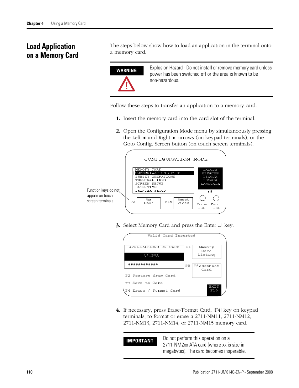 Load application on a memory card | Rockwell Automation 2711 Standard PanelView Operator Terminal User Manual User Manual | Page 110 / 292