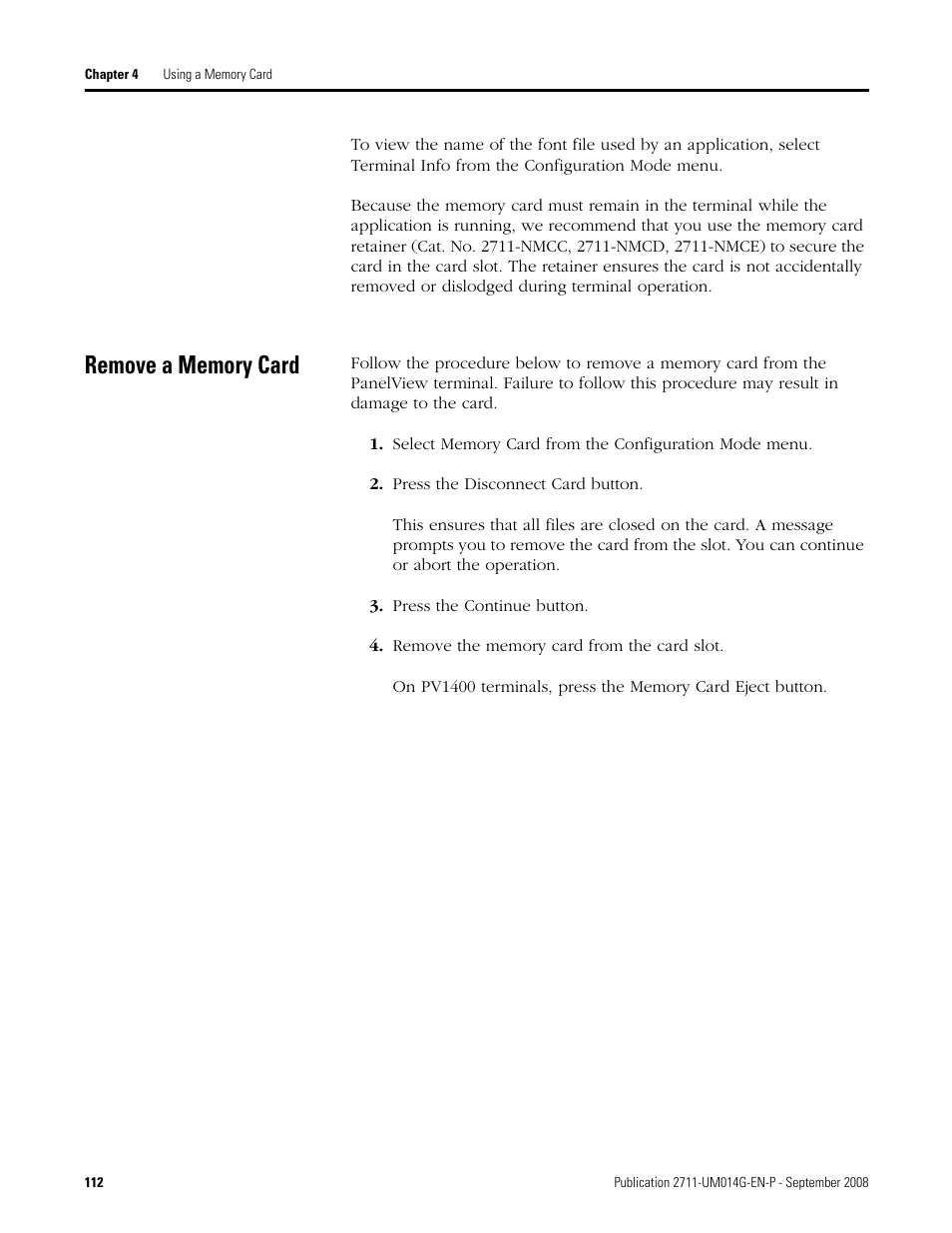 Remove a memory card | Rockwell Automation 2711 Standard PanelView Operator Terminal User Manual User Manual | Page 112 / 292