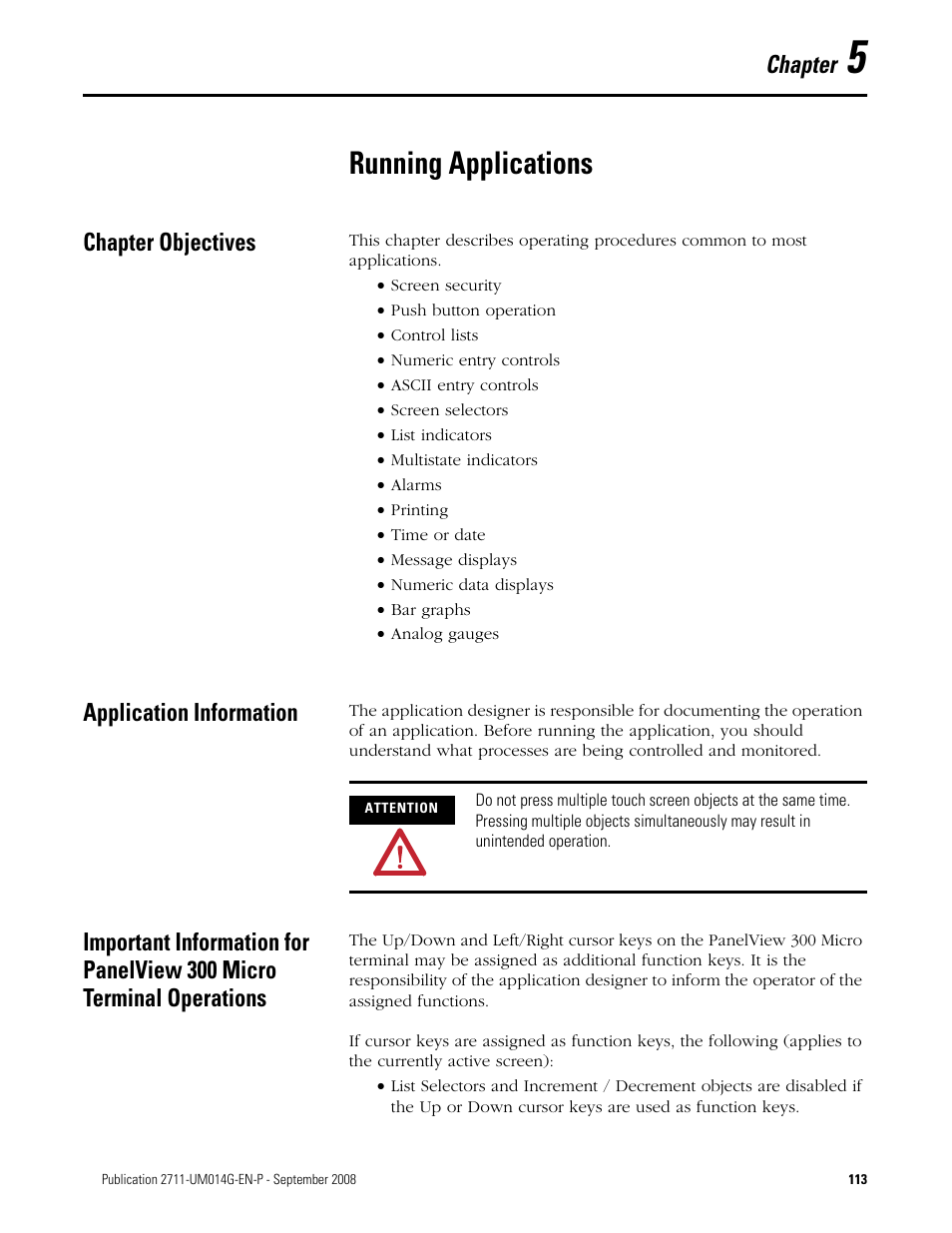 5 - running applications, Chapter objectives, Application information | Chapter 5, Running applications, Chapter | Rockwell Automation 2711 Standard PanelView Operator Terminal User Manual User Manual | Page 113 / 292