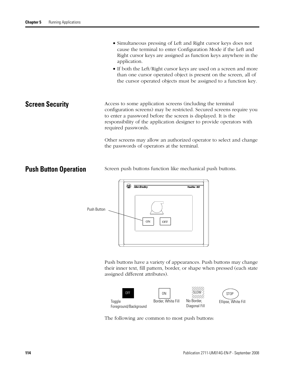 Screen security, Push button operation, Screen security push button operation | Rockwell Automation 2711 Standard PanelView Operator Terminal User Manual User Manual | Page 114 / 292