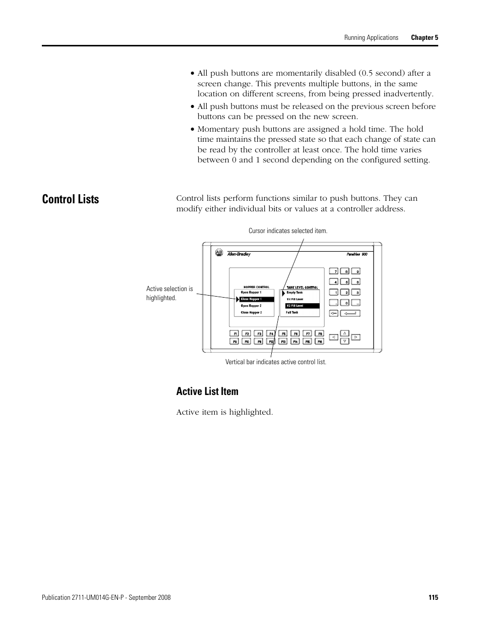 Control lists, Active list item | Rockwell Automation 2711 Standard PanelView Operator Terminal User Manual User Manual | Page 115 / 292