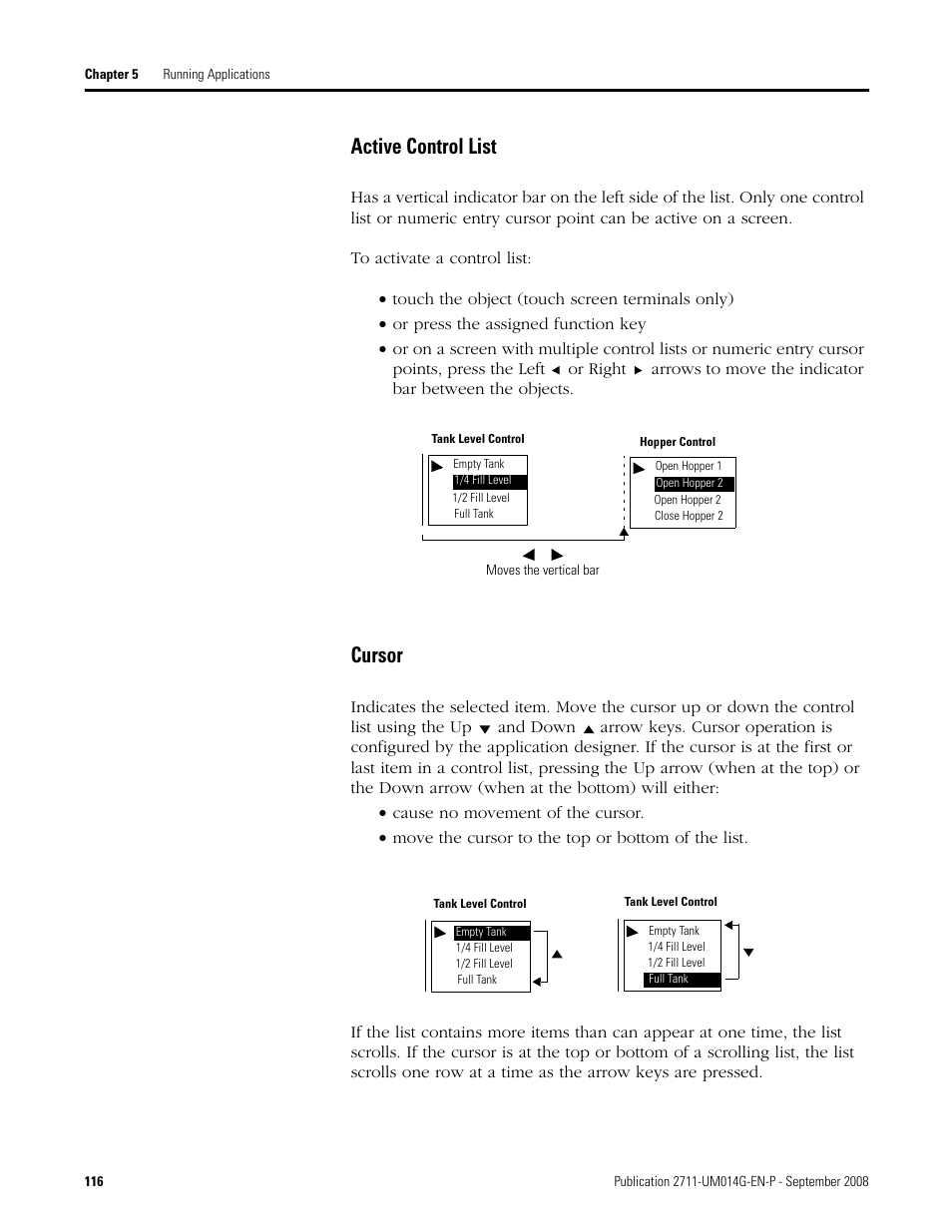 Active control list cursor, Active control list, Cursor | Rockwell Automation 2711 Standard PanelView Operator Terminal User Manual User Manual | Page 116 / 292