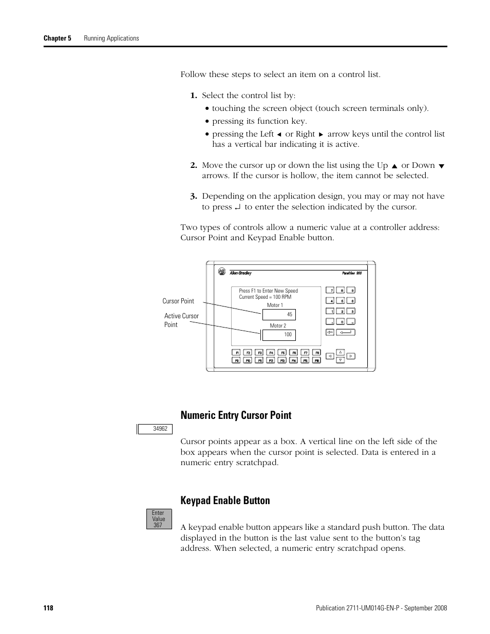 Numeric entry cursor point keypad enable button, Numeric entry cursor point, Keypad enable button | Rockwell Automation 2711 Standard PanelView Operator Terminal User Manual User Manual | Page 118 / 292