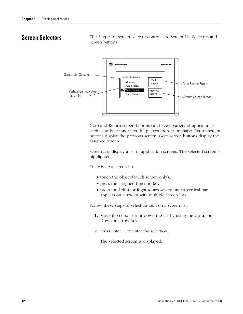 Screen selectors | Rockwell Automation 2711 Standard PanelView Operator Terminal User Manual User Manual | Page 126 / 292