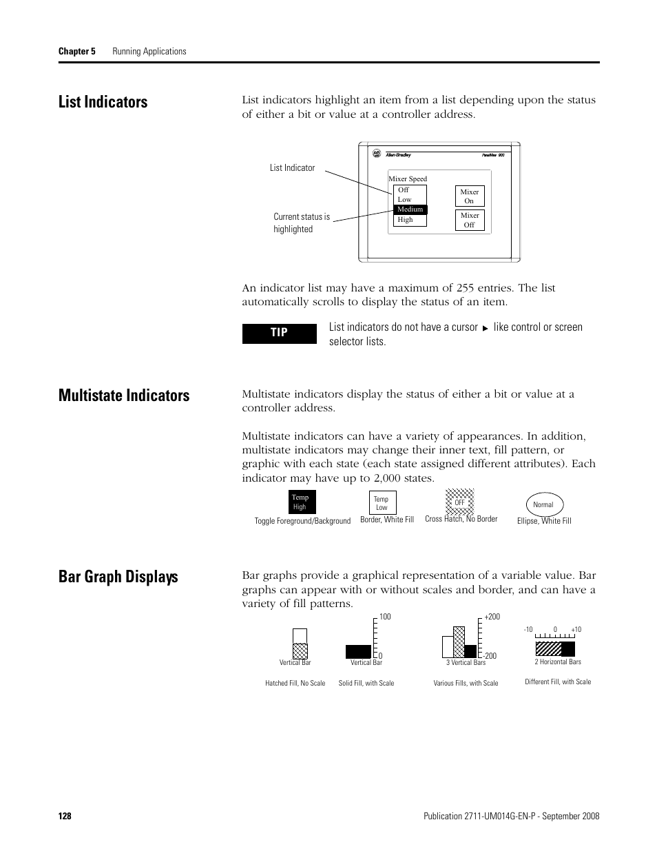 List indicators, Multistate indicators, Bar graph displays | Multistate indicators bar graph displays | Rockwell Automation 2711 Standard PanelView Operator Terminal User Manual User Manual | Page 128 / 292