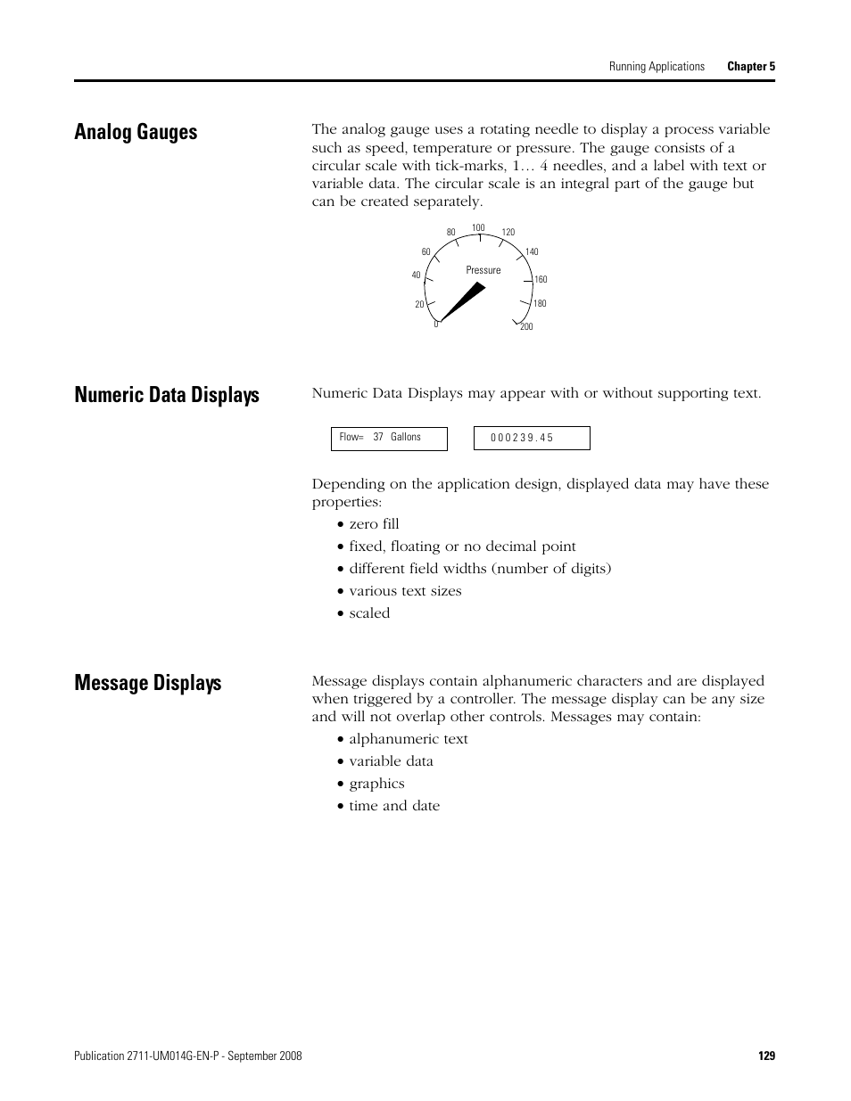 Analog gauges, Numeric data displays, Message displays | Rockwell Automation 2711 Standard PanelView Operator Terminal User Manual User Manual | Page 129 / 292