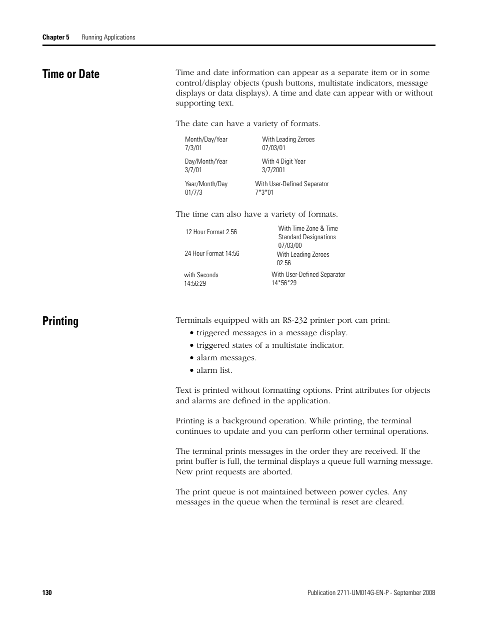 Time or date, Printing, Time or date printing | Rockwell Automation 2711 Standard PanelView Operator Terminal User Manual User Manual | Page 130 / 292