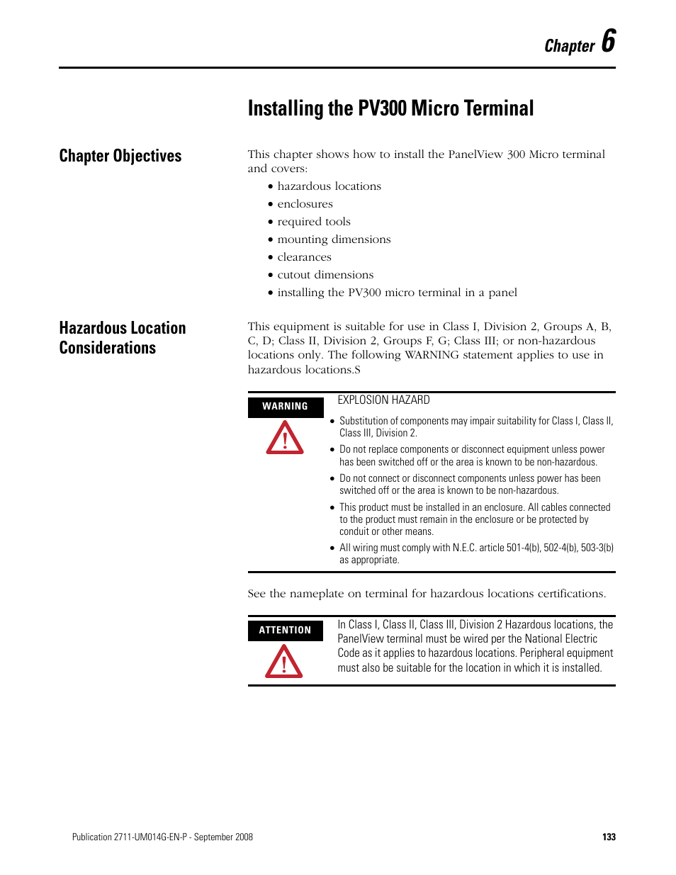6 - installing the pv300 micro terminal, Chapter objectives, Hazardous location considerations | Chapter 6, Installing the pv300 micro terminal, Chapter | Rockwell Automation 2711 Standard PanelView Operator Terminal User Manual User Manual | Page 133 / 292