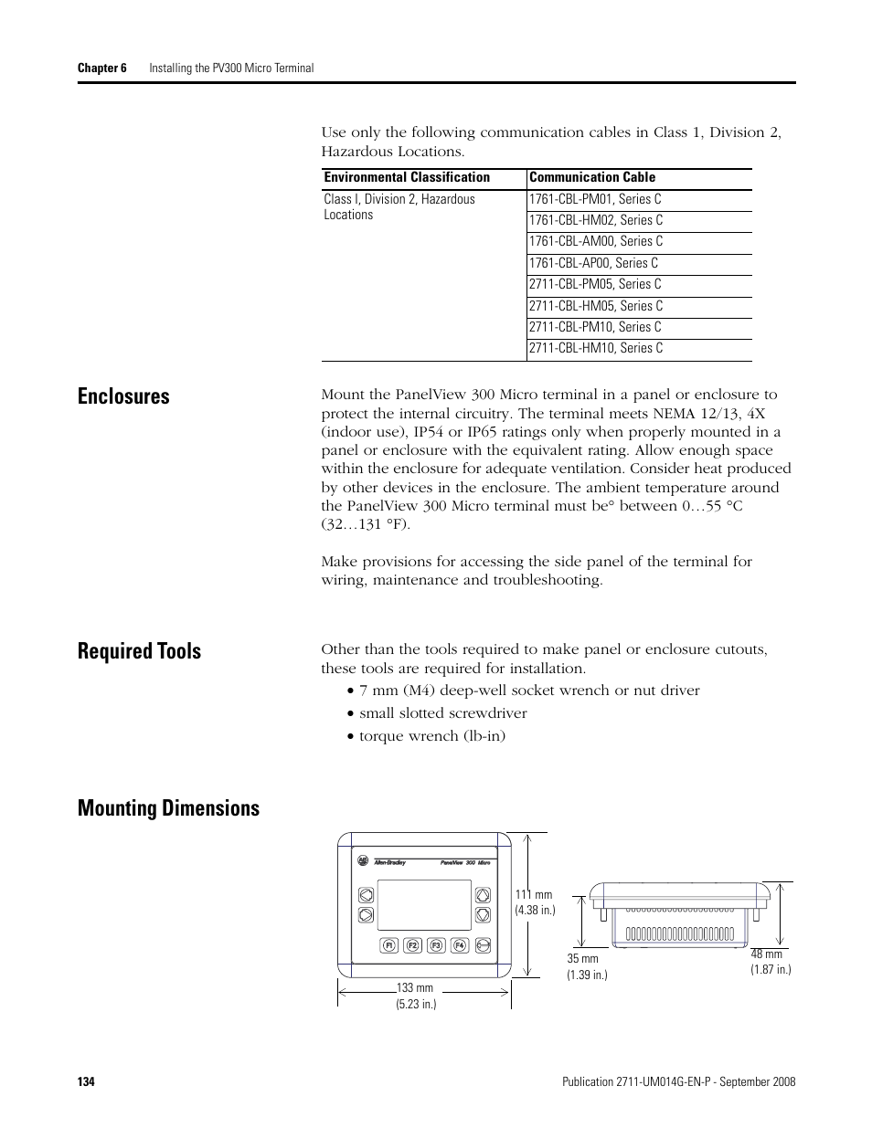 Enclosures, Required tools, Mounting dimensions | Enclosures required tools mounting dimensions | Rockwell Automation 2711 Standard PanelView Operator Terminal User Manual User Manual | Page 134 / 292