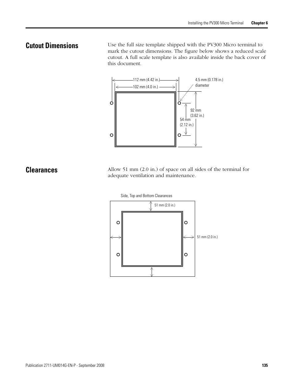 Cutout dimensions, Clearances, Cutout dimensions clearances | Rockwell Automation 2711 Standard PanelView Operator Terminal User Manual User Manual | Page 135 / 292