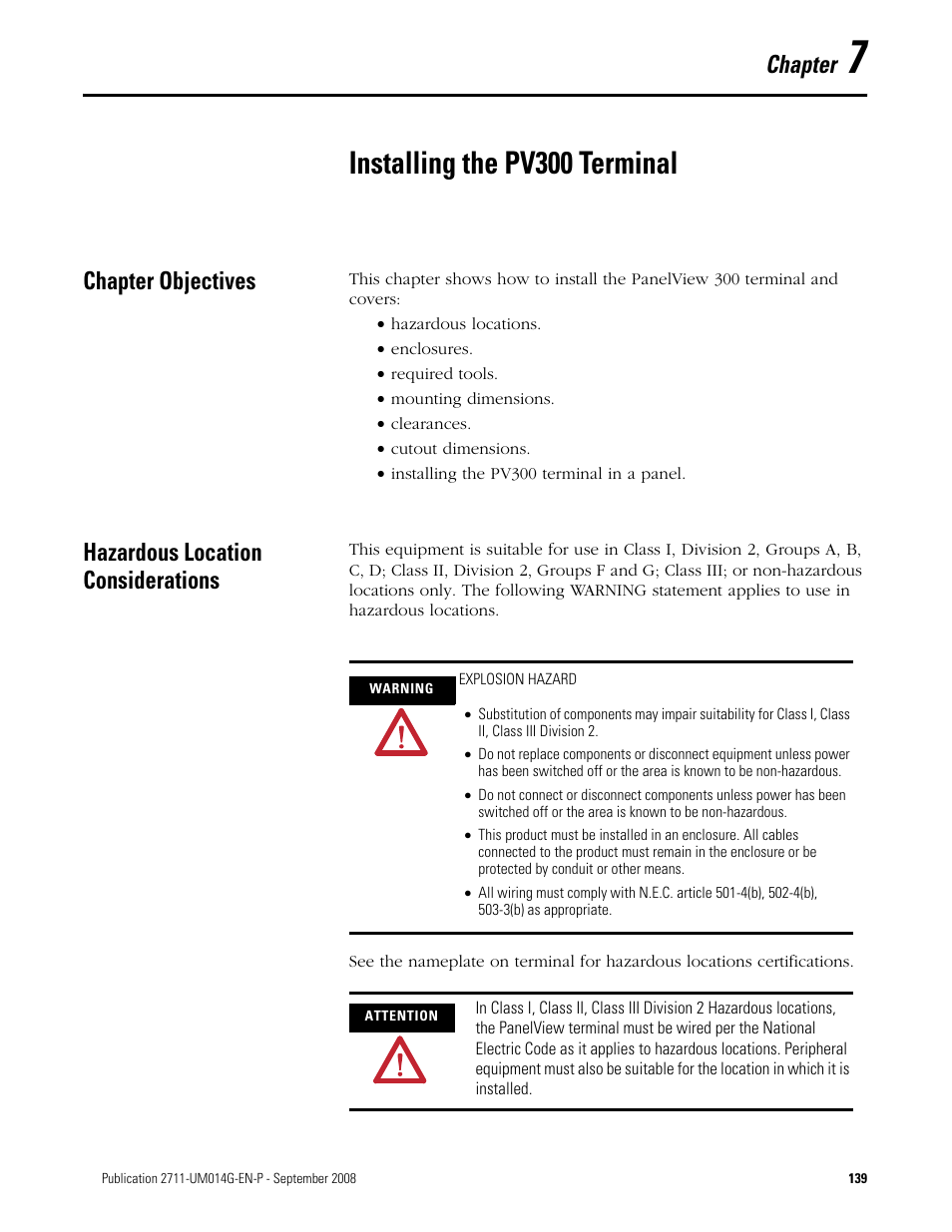 7 - installing the pv300 terminal, Chapter objectives, Hazardous location considerations | Chapter 7, Installing the pv300 terminal, Chapter | Rockwell Automation 2711 Standard PanelView Operator Terminal User Manual User Manual | Page 139 / 292