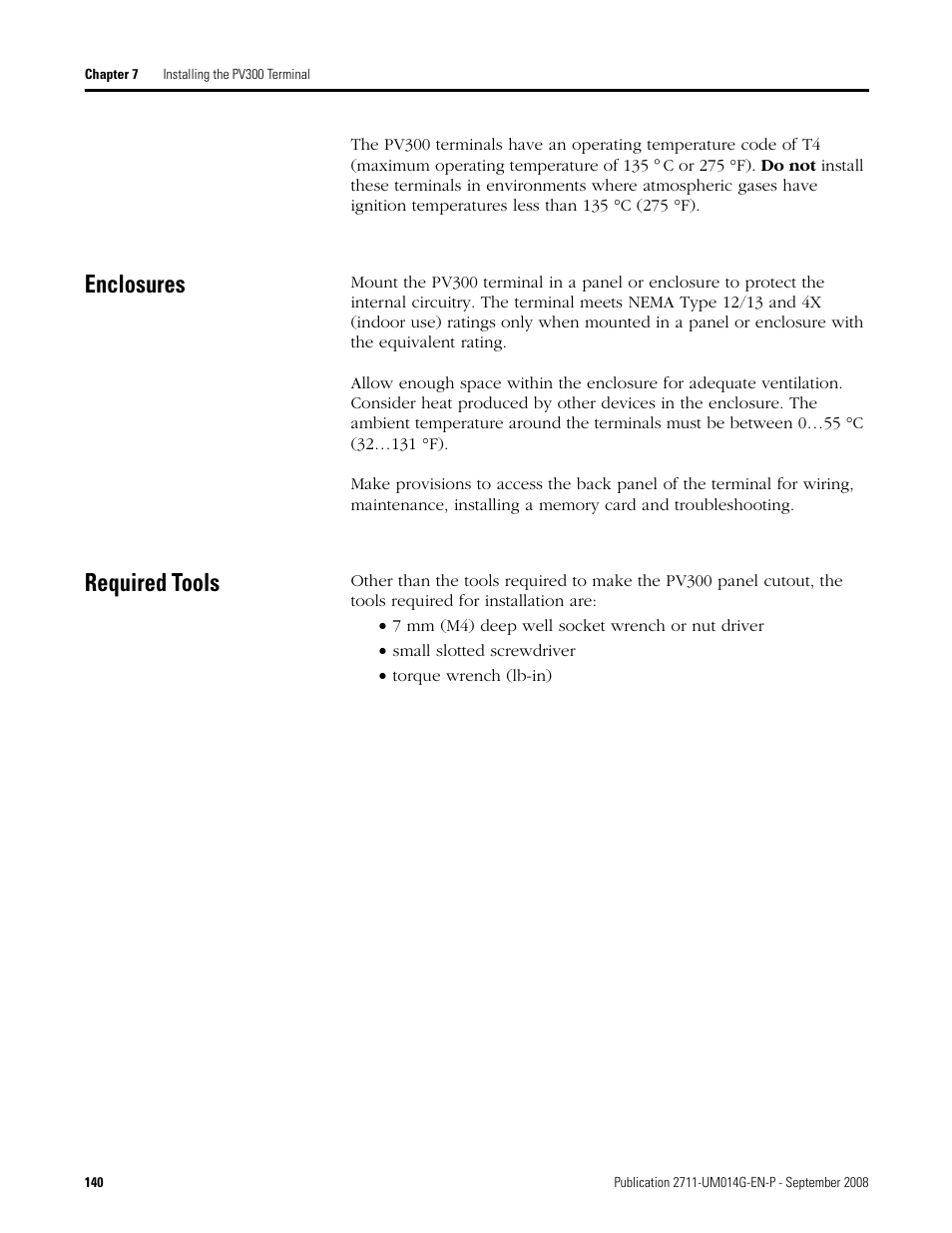 Enclosures, Required tools, Enclosures required tools | Rockwell Automation 2711 Standard PanelView Operator Terminal User Manual User Manual | Page 140 / 292