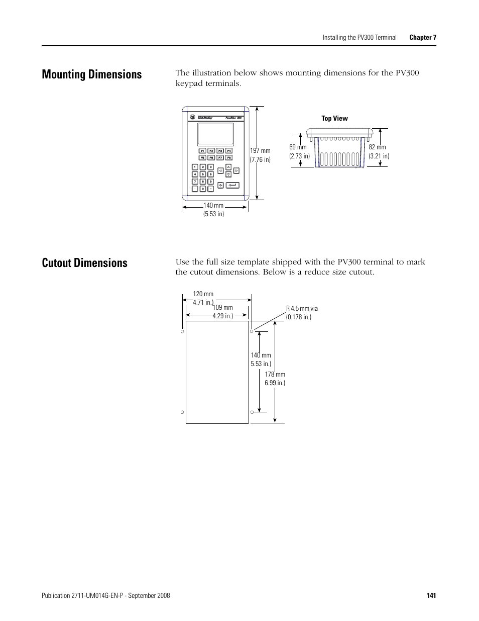 Mounting dimensions, Cutout dimensions, Mounting dimensions cutout dimensions | Rockwell Automation 2711 Standard PanelView Operator Terminal User Manual User Manual | Page 141 / 292