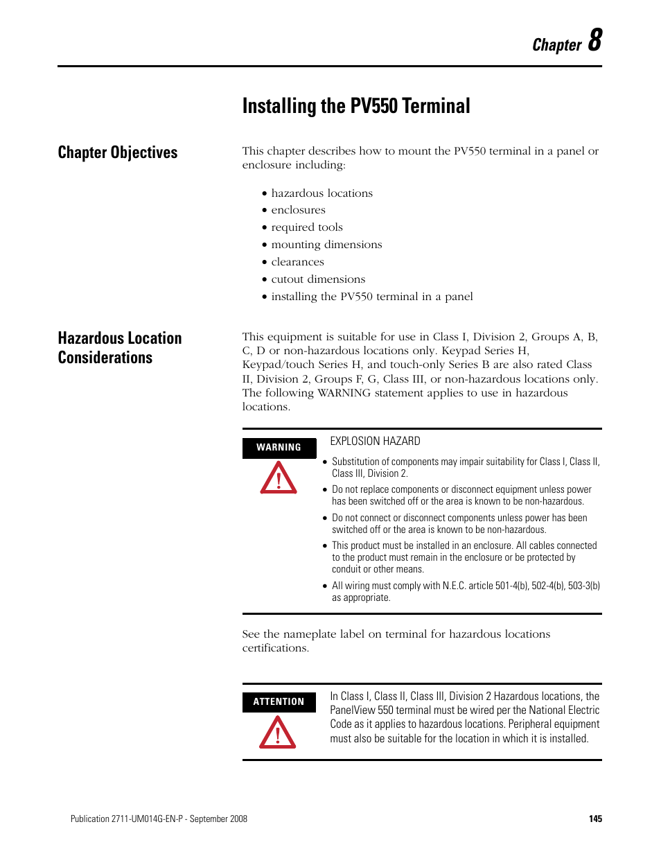 8 - installing the pv550 terminal, Chapter objectives, Hazardous location considerations | Chapter 8, Installing the pv550 terminal, Chapter | Rockwell Automation 2711 Standard PanelView Operator Terminal User Manual User Manual | Page 145 / 292