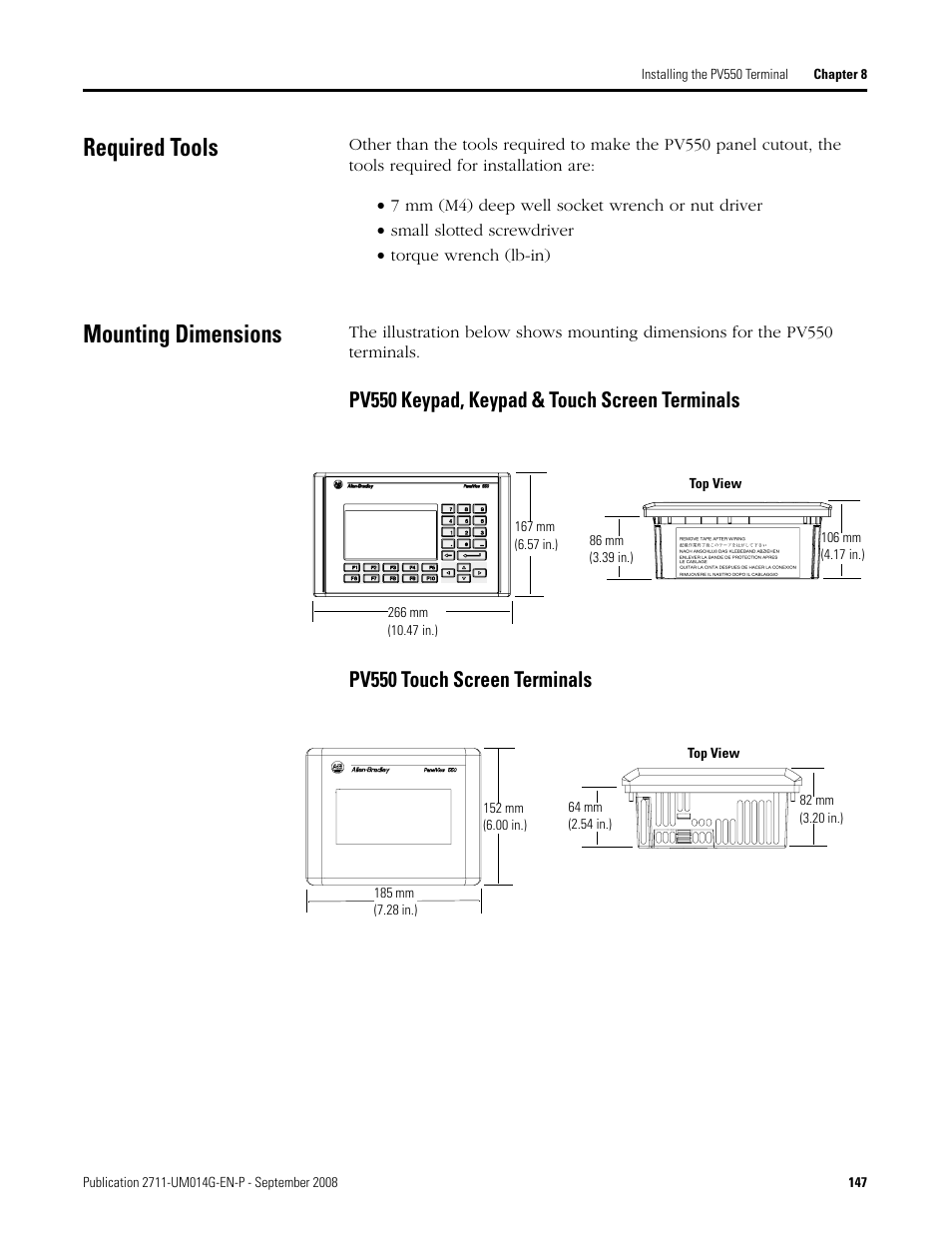 Required tools, Mounting dimensions, Required tools mounting dimensions | Rockwell Automation 2711 Standard PanelView Operator Terminal User Manual User Manual | Page 147 / 292