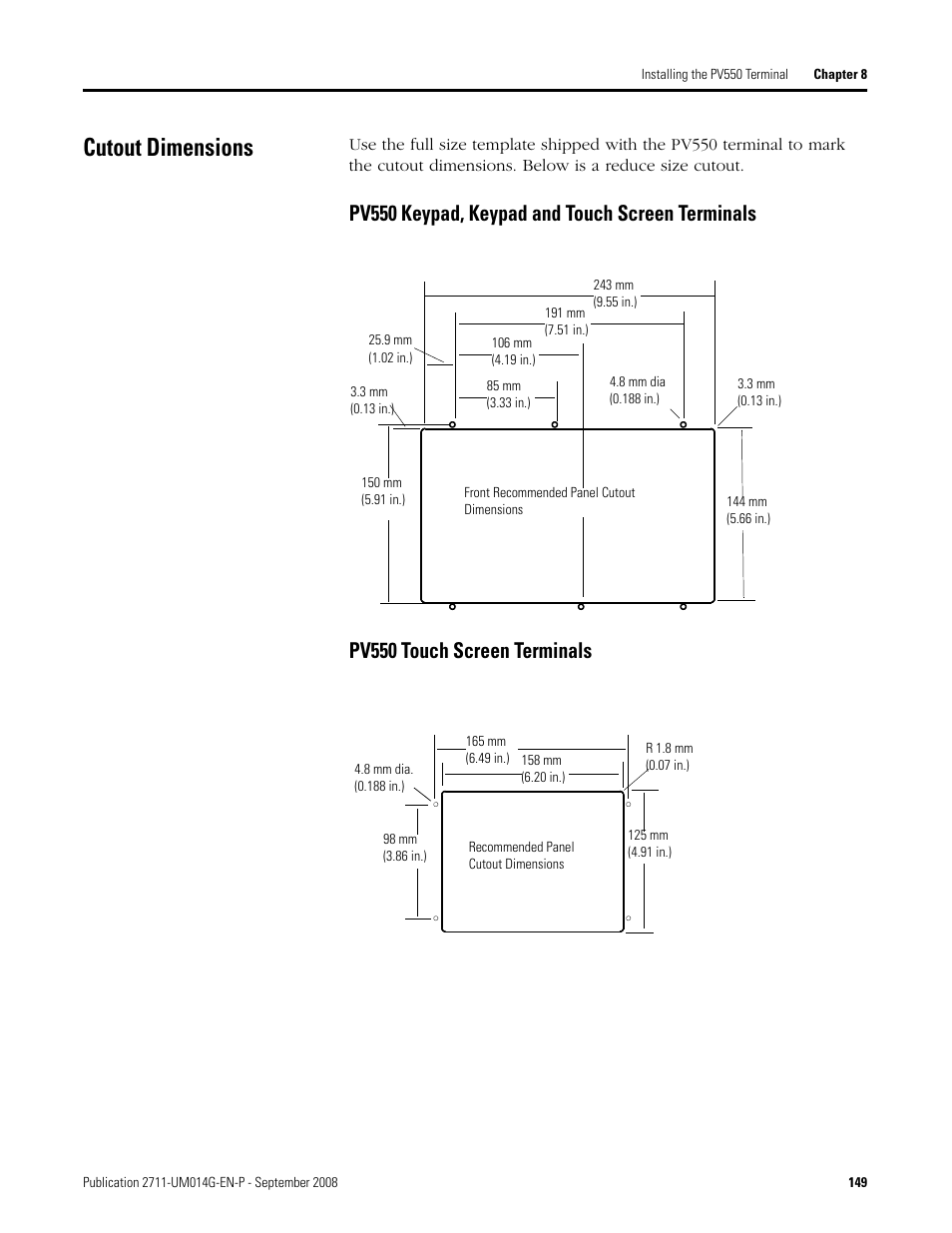 Cutout dimensions | Rockwell Automation 2711 Standard PanelView Operator Terminal User Manual User Manual | Page 149 / 292