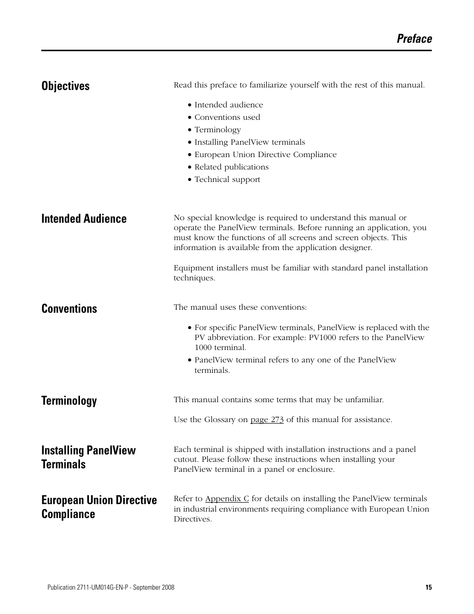 Preface, Objectives, Intended audience | Conventions, Terminology, Installing panelview terminals, European union directive compliance, Preface objectives | Rockwell Automation 2711 Standard PanelView Operator Terminal User Manual User Manual | Page 15 / 292