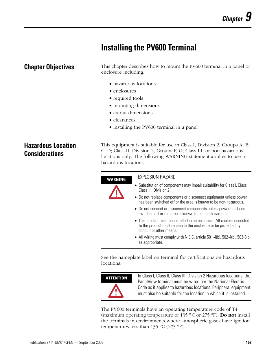 9 - installing the pv600 terminal, Chapter objectives, Hazardous location considerations | Chapter 9, Installing the pv600 terminal, Chapter | Rockwell Automation 2711 Standard PanelView Operator Terminal User Manual User Manual | Page 153 / 292