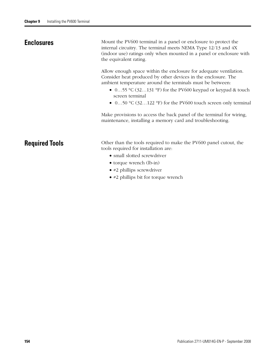 Enclosures, Required tools, Enclosures required tools | Rockwell Automation 2711 Standard PanelView Operator Terminal User Manual User Manual | Page 154 / 292