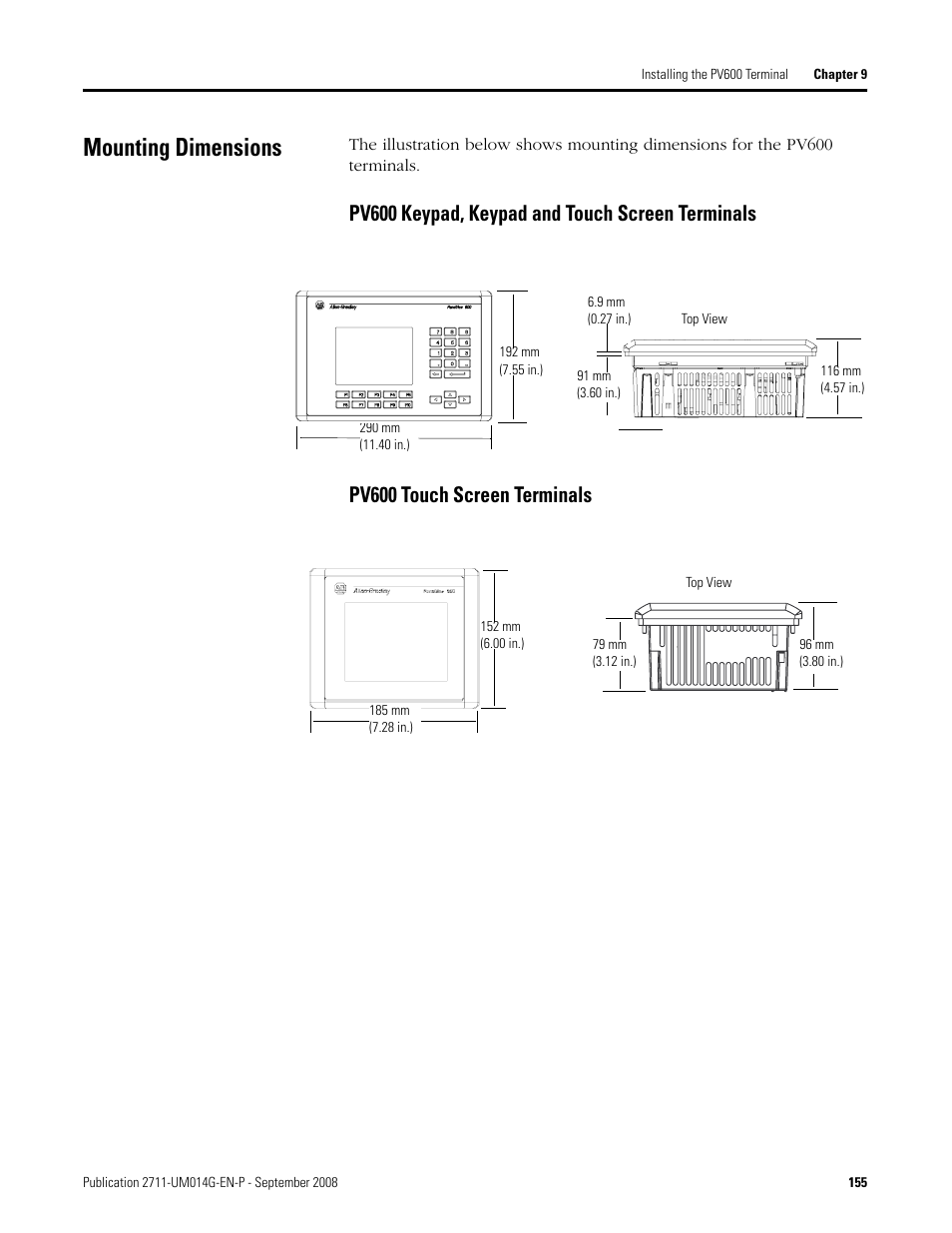 Mounting dimensions | Rockwell Automation 2711 Standard PanelView Operator Terminal User Manual User Manual | Page 155 / 292