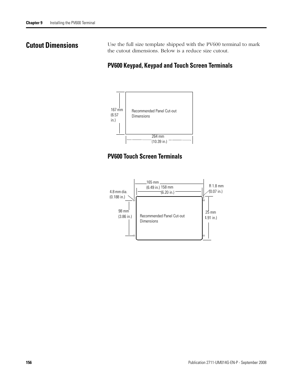 Cutout dimensions | Rockwell Automation 2711 Standard PanelView Operator Terminal User Manual User Manual | Page 156 / 292