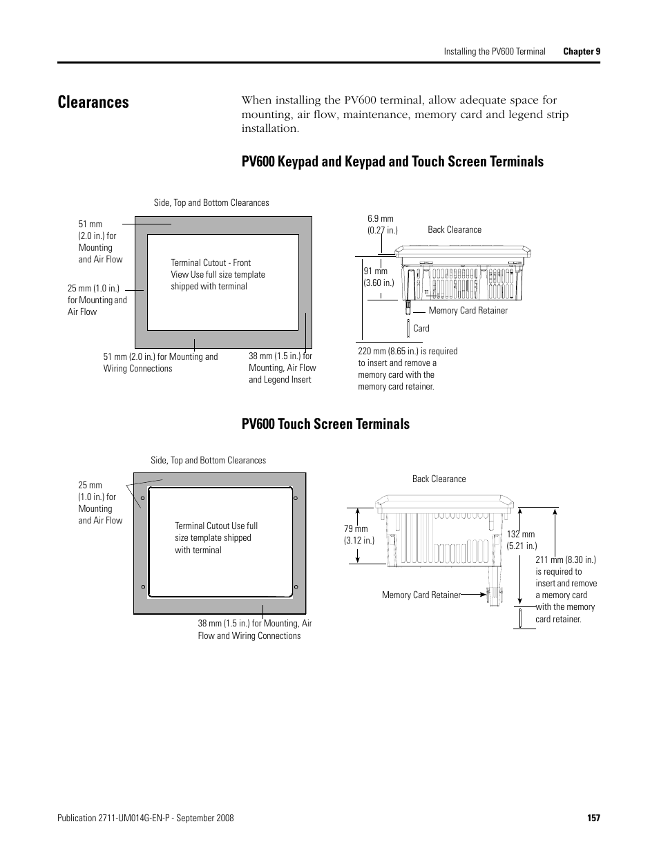 Clearances, Pv600 keypad and keypad and touch screen, Pv600 touch screen terminals | Rockwell Automation 2711 Standard PanelView Operator Terminal User Manual User Manual | Page 157 / 292