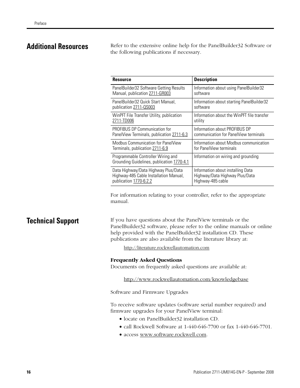 Additional resources, Technical support, Additional resources technical support | Rockwell Automation 2711 Standard PanelView Operator Terminal User Manual User Manual | Page 16 / 292