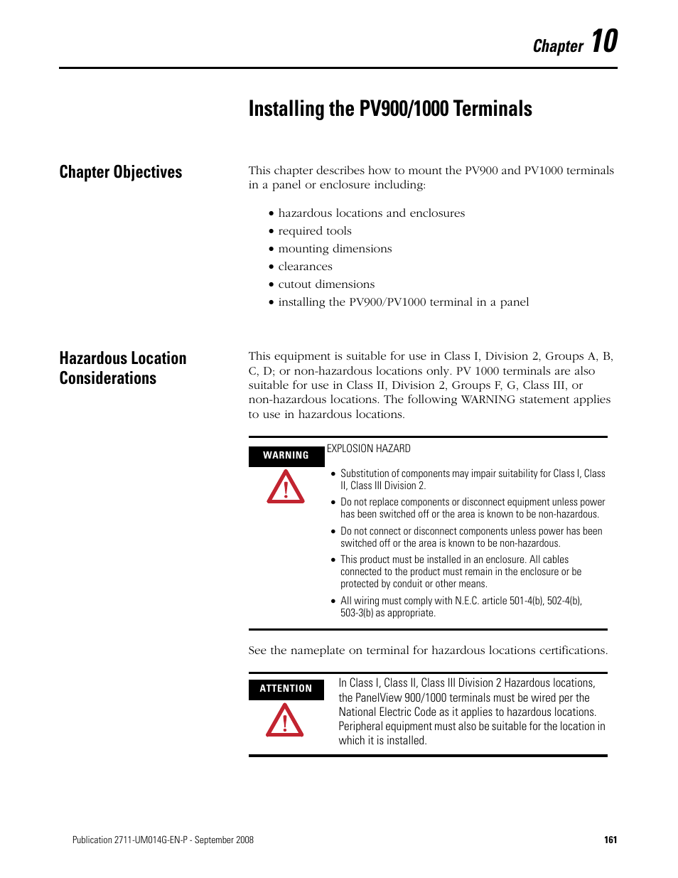 10 - installing the pv900/1000 terminals, Chapter objectives, Hazardous location considerations | Chapter 10, Installing the pv900/1000 terminals, Chapter | Rockwell Automation 2711 Standard PanelView Operator Terminal User Manual User Manual | Page 161 / 292