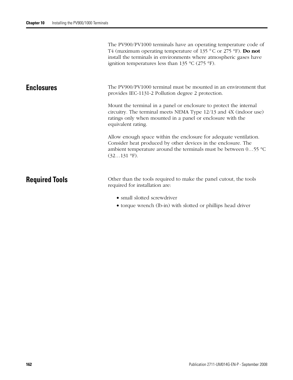 Enclosures, Required tools, Enclosures required tools | Rockwell Automation 2711 Standard PanelView Operator Terminal User Manual User Manual | Page 162 / 292