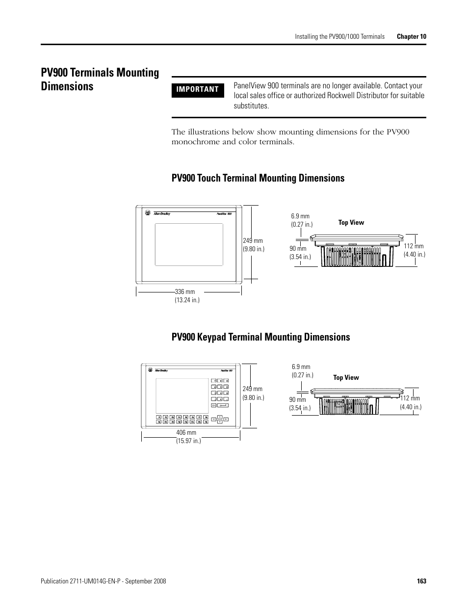 Pv900 terminals mounting dimensions | Rockwell Automation 2711 Standard PanelView Operator Terminal User Manual User Manual | Page 163 / 292