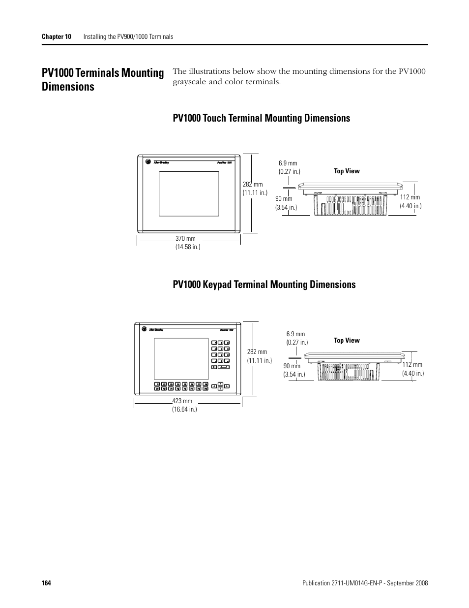 Pv1000 terminals mounting dimensions | Rockwell Automation 2711 Standard PanelView Operator Terminal User Manual User Manual | Page 164 / 292