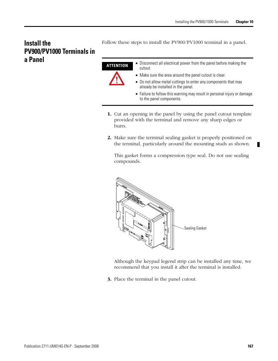 Install the pv900/pv1000 terminals in a panel | Rockwell Automation 2711 Standard PanelView Operator Terminal User Manual User Manual | Page 167 / 292