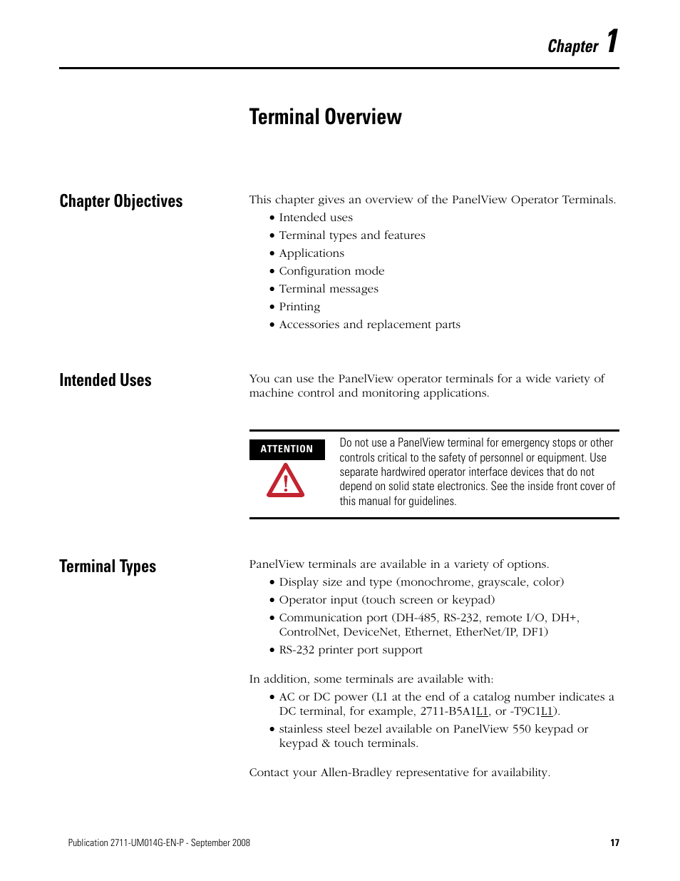1 - terminal overview, Chapter objectives, Intended uses | Terminal types, Chapter 1, Terminal overview, Chapter objectives intended uses terminal types, Chapter | Rockwell Automation 2711 Standard PanelView Operator Terminal User Manual User Manual | Page 17 / 292