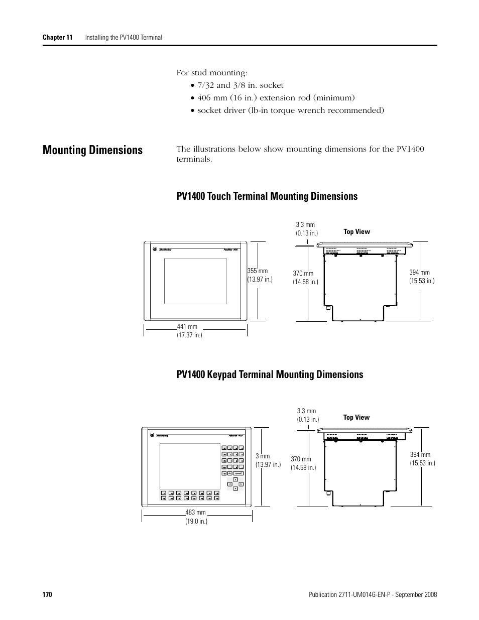 Mounting dimensions | Rockwell Automation 2711 Standard PanelView Operator Terminal User Manual User Manual | Page 170 / 292