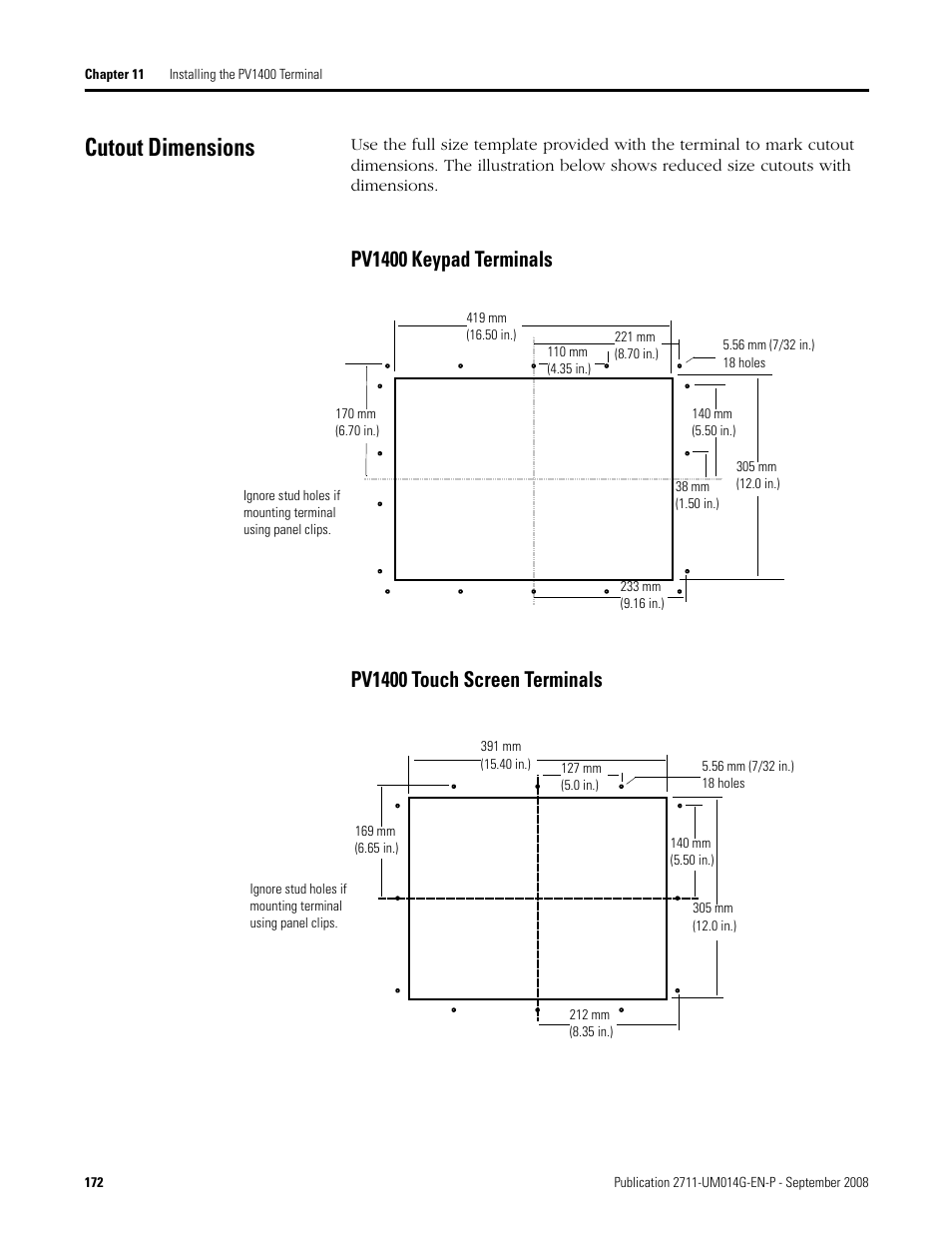 Cutout dimensions | Rockwell Automation 2711 Standard PanelView Operator Terminal User Manual User Manual | Page 172 / 292