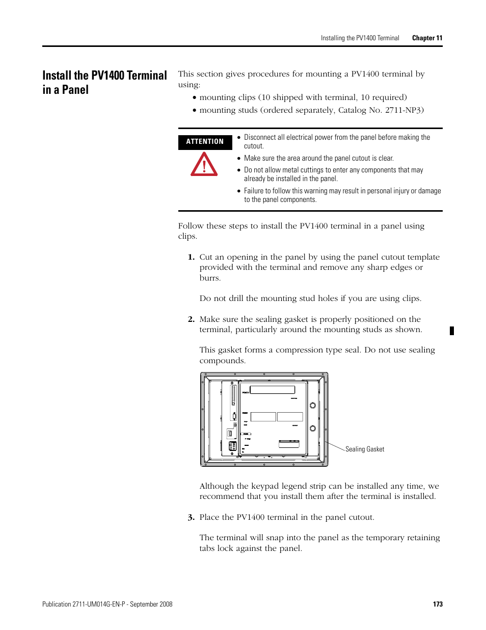 Install the pv1400 terminal in a panel | Rockwell Automation 2711 Standard PanelView Operator Terminal User Manual User Manual | Page 173 / 292