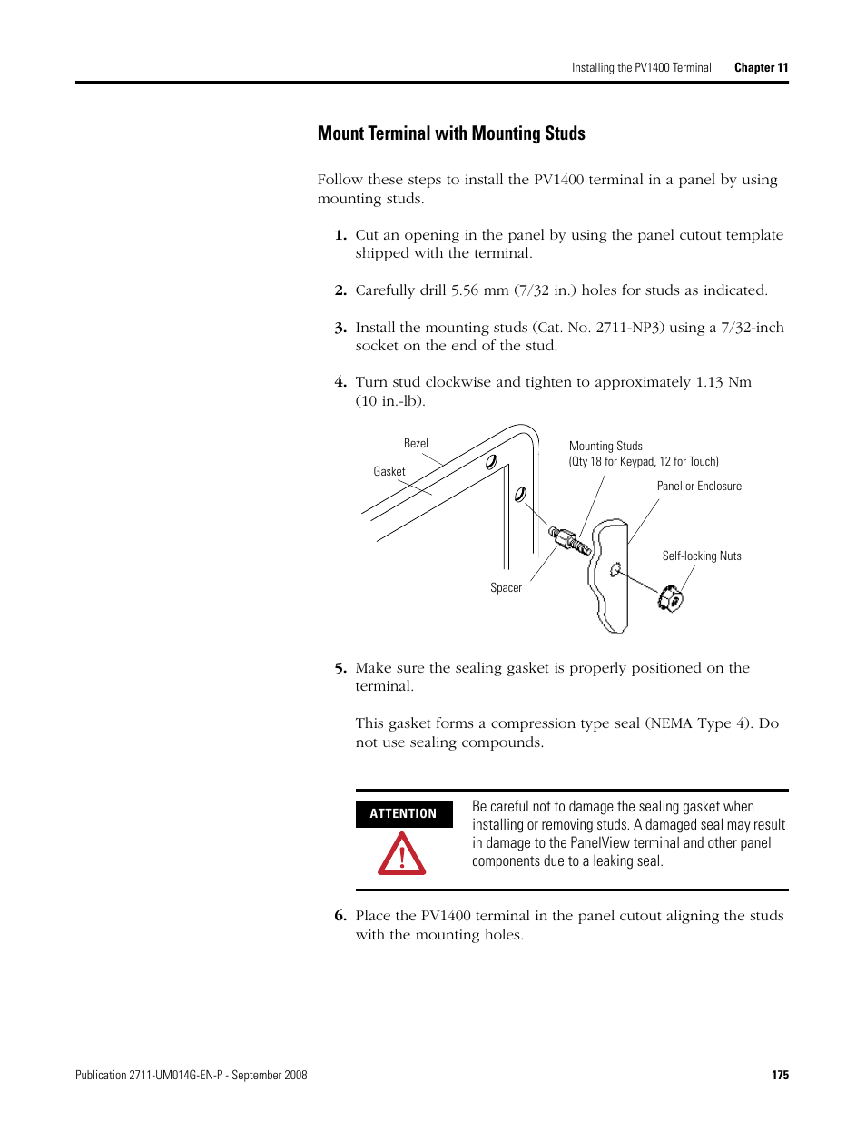 Mount terminal with mounting studs | Rockwell Automation 2711 Standard PanelView Operator Terminal User Manual User Manual | Page 175 / 292